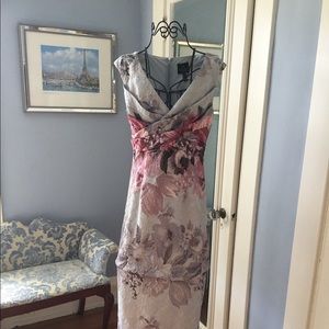 Full length gown, size4, Adrianna Pappell, floral on slate blue gold backdrop